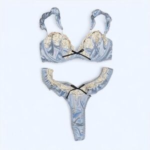Elegant Lace Trimmed Blue and Cream Lingerie Set